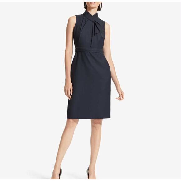 MM Lafleur Dress Womens 16 Sheath Midi Navy Black Stretch Business Tie Wool - Picture 1 of 8